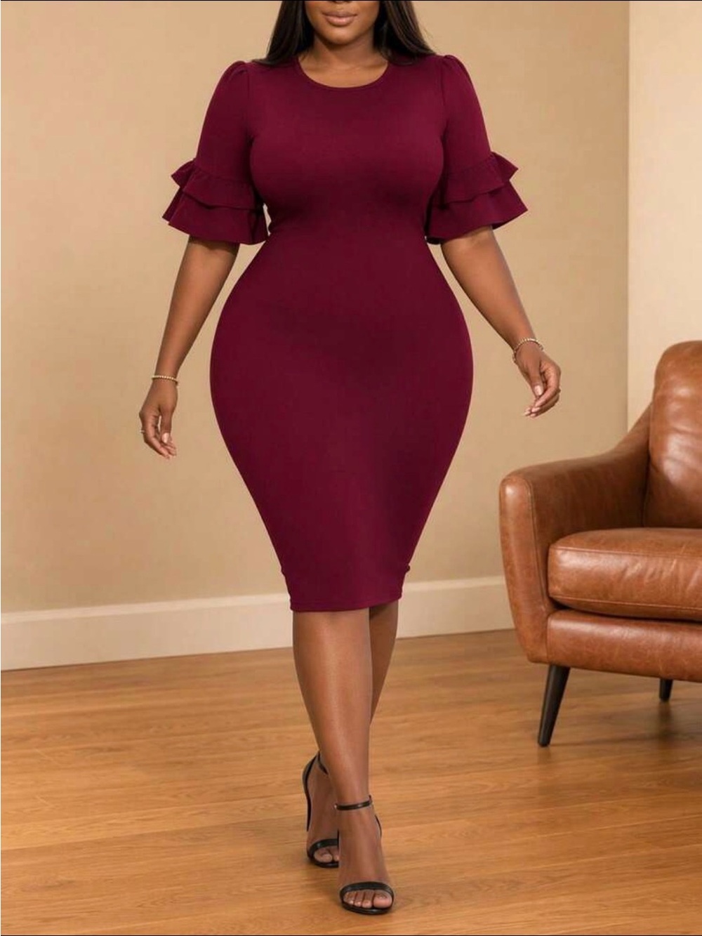 Ruffle Sleeve Dress (Burgundy)